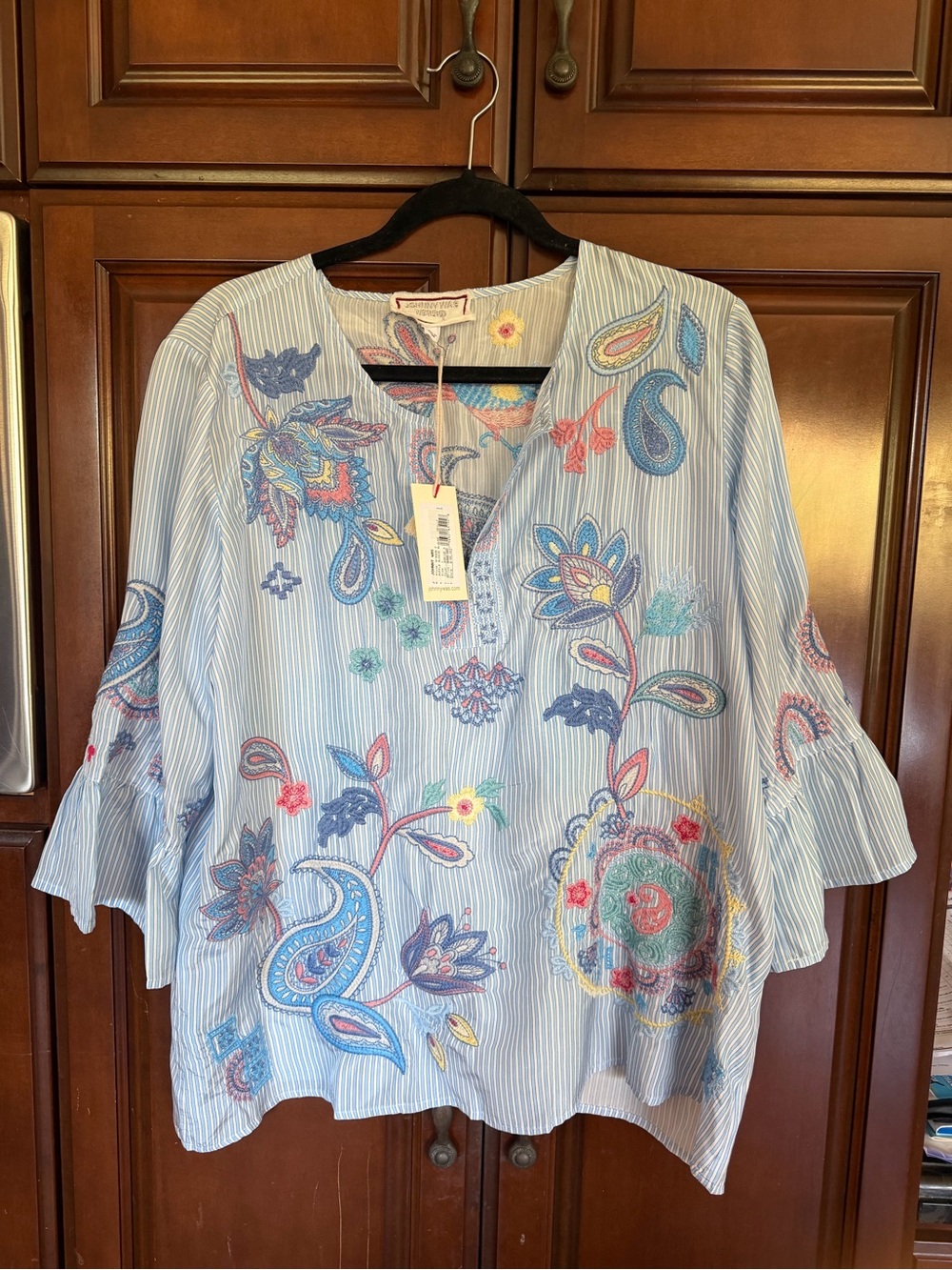 Johnny Was Light Blue Striped Embroidered Floral Tunic